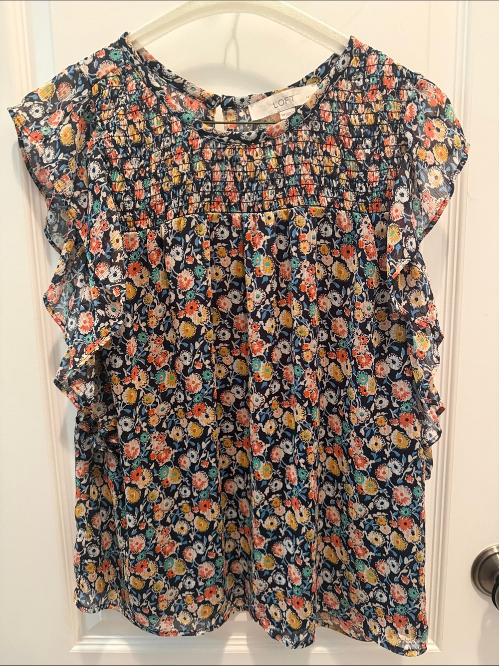 LOFT Navy Floral Smocked Ruffle Sleeve Blouse